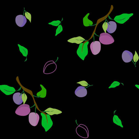 Plums with leaves and outline plums on black in seamless patternのイラスト素材