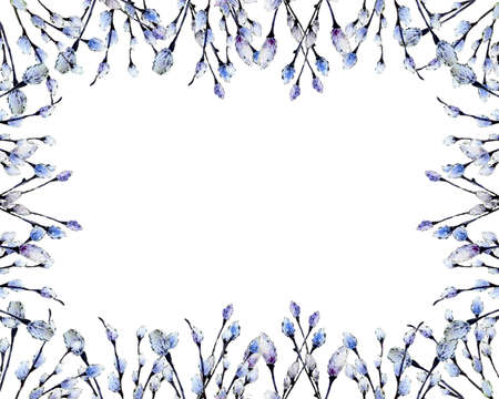 Watercolor willow branches hand drawn rectangle frame design for typography as symbol of spring and Easterの写真素材