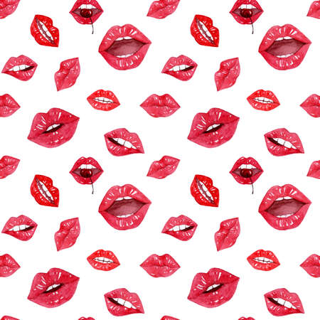 Red lips on white hand drawn watercolor seamless pattern designの写真素材