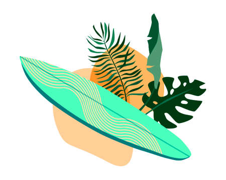 Surfboard on tropic leaves and hand drawn abstract shapes on white background vector illustration EPS10のイラスト素材
