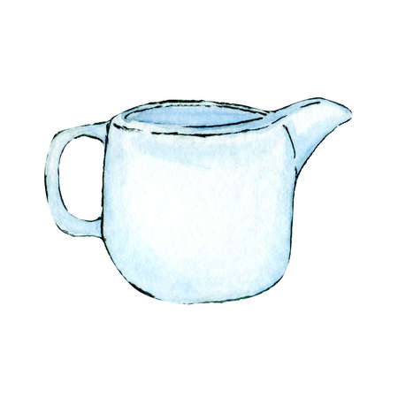 White ceramic milk jug hand drawn watercolor clip art isolated on white backgroundの写真素材