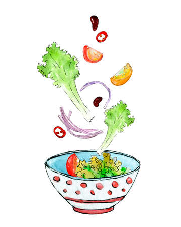 Salad ingredients falling in a bowl watercolor sketchの写真素材
