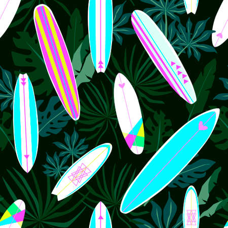 Surfboards with abstract tropical leaves on dark green background vector seamless pattern design...