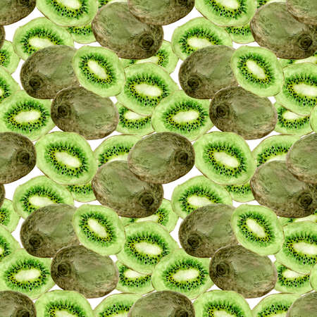 Ripe kiwi drawn watercolor seamless pattern designの写真素材