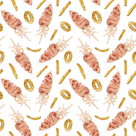 Fried squid and potatoes watercolor seamless patternの写真素材