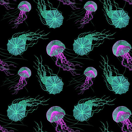 Neon jellyfish hand drawn watercolor seamless patternの写真素材