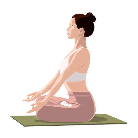 A girl in lotus position sitting on the matのイラスト素材