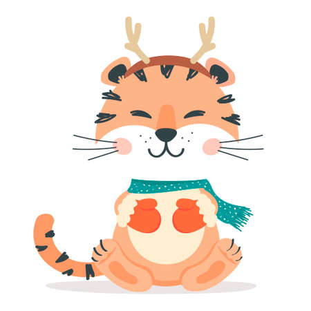Tiger in headband with deer horns and mittensのイラスト素材