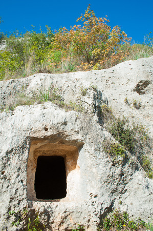 View of some tombs in the rock necropolis of Pantalica in east Sicilyの写真素材