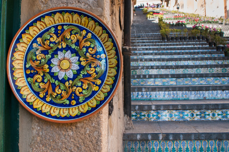 View of a colored ceramic plate from Caltagirone in its famous staircaseの写真素材