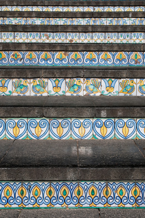 Close-up view of some steps of Caltagirone staircase with their typical colored ceramic tilesの写真素材