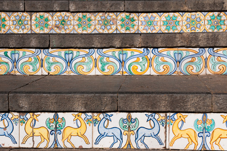 Close-up view of some steps of Caltagirone staircase with their typical colored ceramic tilesの写真素材