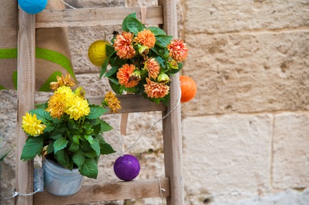 View of a characteristic ornamental wooden ladder with some flowered vases in one of the alleys in Ortigia, the old part of Syracuseの写真素材