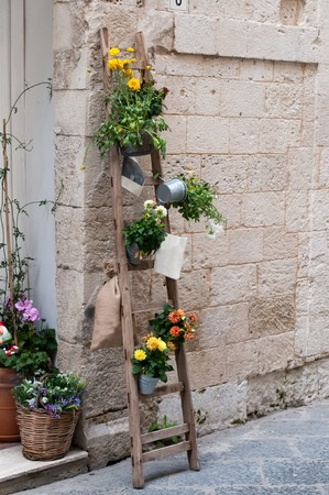 View of a characteristic ornamental wooden ladder with some flowered vases in one of the alleys in Ortigia, the old part of Syracuseの写真素材
