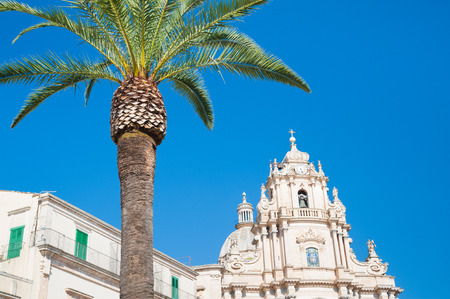 Palm tree in the main square of Ragusa Ibla, Sicily, with the baroque church of St. Georgeの写真素材