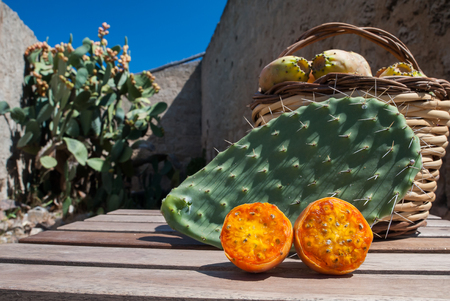 Cut in half prickly pear, cactus leave and a wicker basket full of just picked prickly pears near an old country houseの写真素材