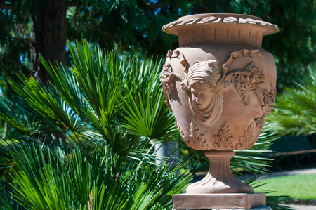 Close-up view of a typical ceramic vase from Caltagirone used as an ornament in the main public gardens of the townの写真素材