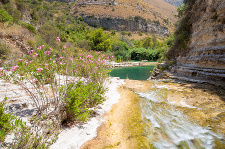 The natural reserve Cavagrande, Sicily, with a view of its river and one of natural pools in the backgroundの写真素材