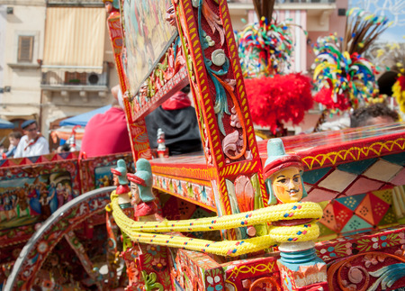 Closeup view of a colorful detail of a typical sicilian cartの写真素材