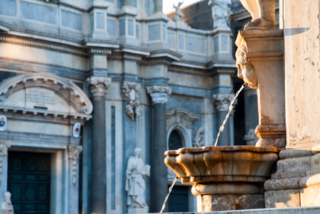 View of the fountain at the basis of famous lava stone elephant in the main square of Catania, Sicily, with a view of St. Agatha churchの写真素材
