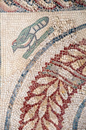 Closeup view of a bird and and motifs on the floor of the old roman Villa del Casale of the 4th century A.C. in the town Piazza Armerina, Sicilyの写真素材