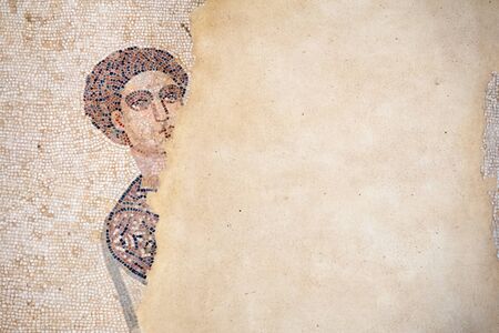 Partial mosaic of a woman in the floor of the old roman Villa del Casale of the 4th century A.C....