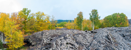 Panoramic view of an old lava flow in Mount Etna, Sicily, and a chestnut wood in autumnの写真素材