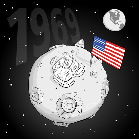 astronaut on the moon came out of the rocket, raised the flag and looking at the stars. EPS 10のイラスト素材