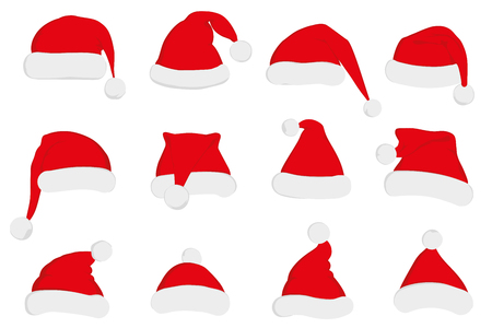 Santa Claus red hat set. Santa hat, Santa red hat isolated on white. New Year 2016 santa red hat . Santa head hat vector. Santa Christmas hat decoration vector.のイラスト素材