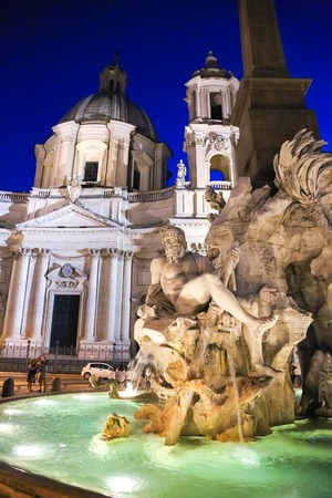 Vatican, Italy - June 26, 2014: Beautiful Fountain of the Four Rivers on Piazza Navona in the night in Romeのeditorial素材
