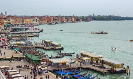 ITALY, VENICE - APRIL 2, 2016: The top view from San Marco kampanilla the coast of the Venetian lagoon in Venice, Italiaのeditorial素材