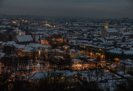 Vilnius Aerial panorama of the Old Town. Vilnius old town panorama at night. Night panorama of the...