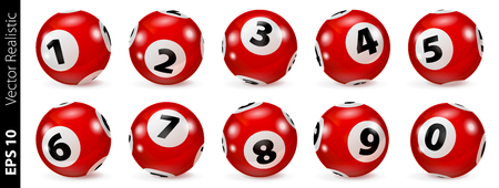 Lottery Number Balls. Bingo balls set. Bingo balls with numbers. Set of red balls. Realistic vector. Lotto concept. Red Bingo Ball.のイラスト素材