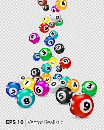 Vector Colorful Bingo balls fall randomly. Lottery Number Balls Isolated. Colored balls isolated. Bingo ball. Bingo balls with numbers. Realistic vector. Vector isolated illustration.のイラスト素材