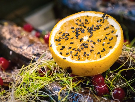 A half of the lemon is strewn with sesame seeds, decorated with a fish dish with herbs and berries....