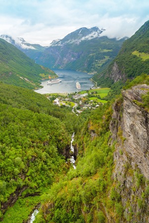 Cruise ship in Geiranger seaport, Norway. Geiranger seaport View Point.の写真素材
