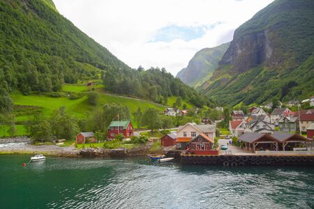 Near Geiranger, Norway - Jule, 2016: Jetty near a mountain village in one of the Norwegian fjords.のeditorial素材