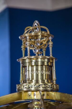 Hillerod, Denmark - June, 2016: View of a historic celestial globe astronomical clock at the...