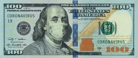 COVID-19 coronavirus in America. 100 dollars banknote with Franklin in a medical mask. The global financial and economic crisis has affected USA. American money, coronavirus concept. Realistic montageの写真素材