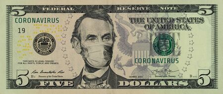COVID-19 coronavirus in America. Five dollars banknote with Lincoln in a medical mask. The global financial and economic crisis has affected USA. American money, coronavirus concept. Realistic montageの写真素材