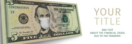 Portrait of President America Lincoln in a medical mask. Five dollars banknote, template on whhite...