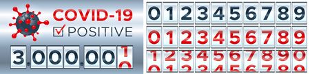 Coronavirus counter. Scoreboard counts the total number of people infected with coronovirus worldwide. Number of people with coronavirus worldwide. Set of numbers for any counter reading. Vector 3D.のイラスト素材