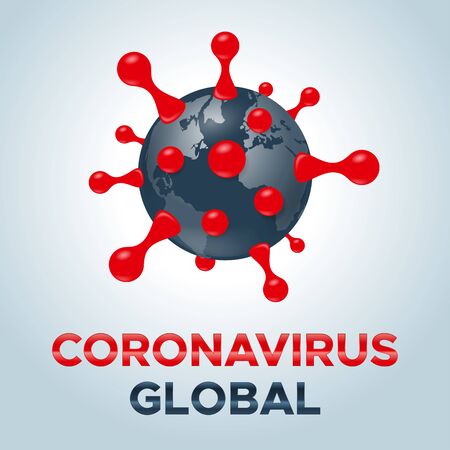 Coronavirus molecule cell icon vector with the words CORONAVIRUS GLOBAL. Coronavirus COVID-19 bacteria cell icon. Simplified coronavirus cell. Isolated on white background vector icon illustrationのイラスト素材
