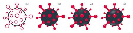 Coronavirus molecule cell icon vector set, line, flat, 2d, 3d. Coronavirus COVID-19 bacteria cell icon. Simplified coronavirus molecule cell icon. Isolated on white background vector icon illustrationのイラスト素材