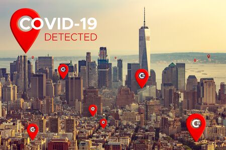 New York Coronavirus Outbreak Detection Location Mark Icon. Map pointer icon on panoramic background of New York. New York City aerial view. New York City Coronavirus Spread Concept COVID-19 DETECTED.の写真素材