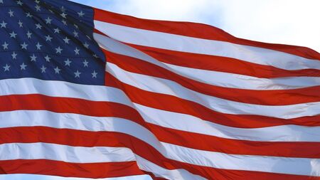 American Flag Waving In United States Of America. Close up of American flag waving. Majestic american flag in the wind. CLOSE UPの写真素材