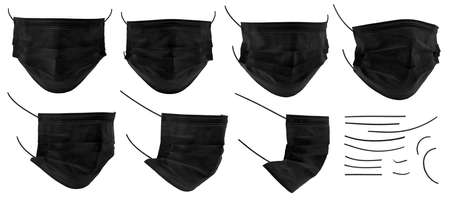Set of medical mask or surgical ear loop mask isolated on white background with clipping path. Black color medical mask isolated. Surgical mask, template for design, high resolution, close up.の写真素材
