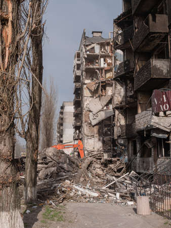 Borodyanka, Ukraine - April 2022: Russian invasion of Ukraine bombed building destroyed city Ukraine ruined. Russia against Ukraine war destruction building damage Mariupol, Kharkov, Bucha destroyed.のeditorial素材