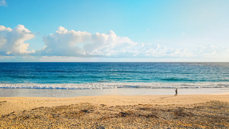 Runner by the sea. Man running along ocean coast. Run along coast of the ocean at sunrise. healthy...