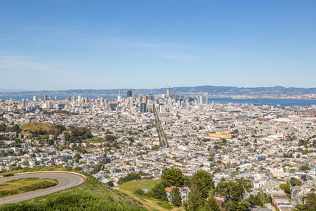 San Francisco skyline panorama. Aerial view of downtown San Francisco. Downtown San Francisco aerial view of skyscrapersの写真素材